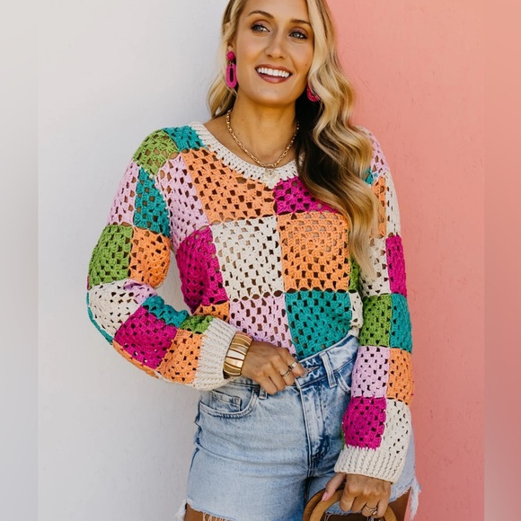 Multicolor crochet granny knit V neck boho bohemian chic sweater - Picture 1 of 9